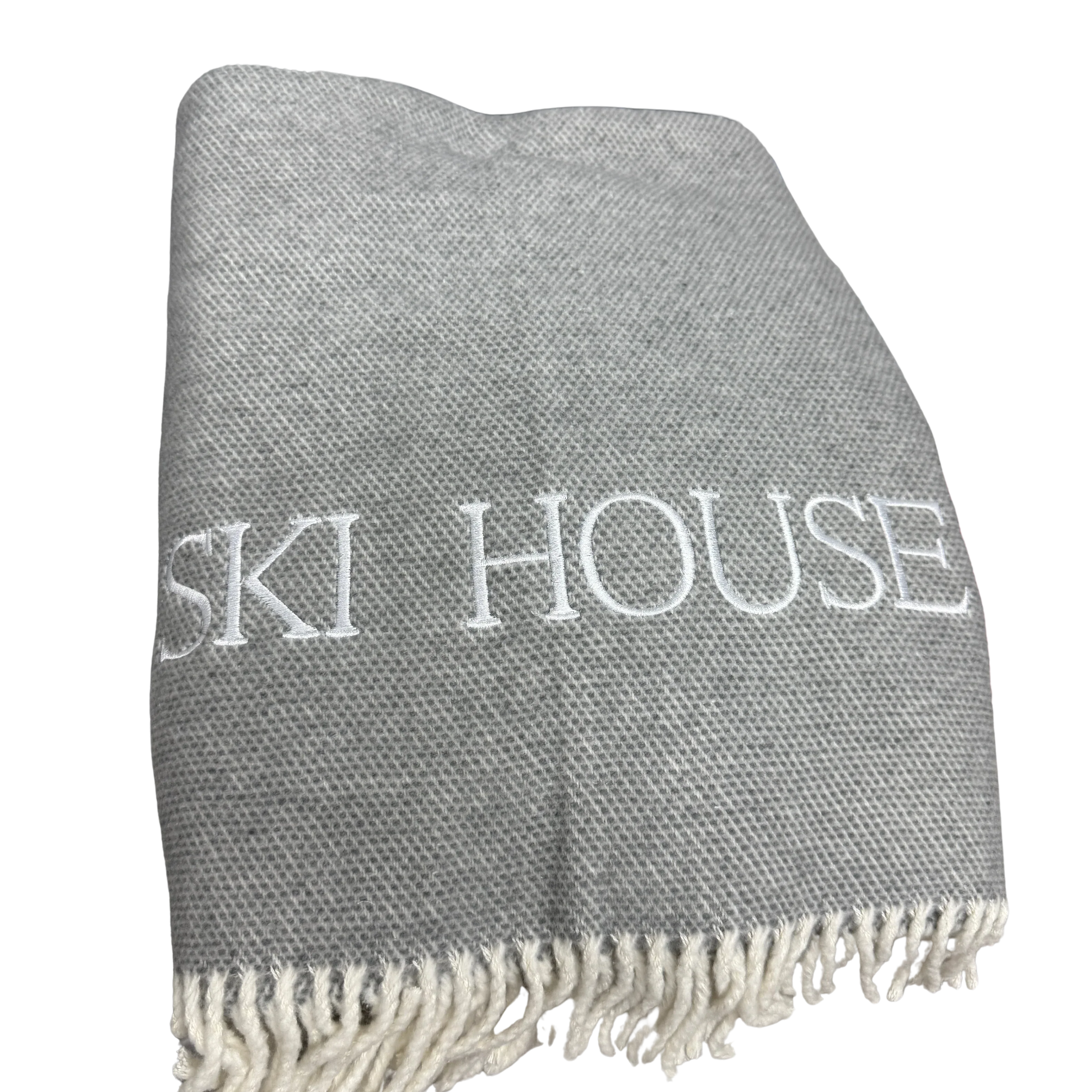 Pixel Throw With Ivory Fringes Light Grey "SKI HOUSE" Throws