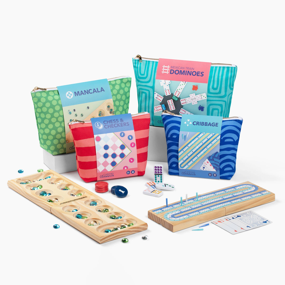 Collection of board games and accessories including Mancala, Chess & Checkers, and Cribbage on a white background.