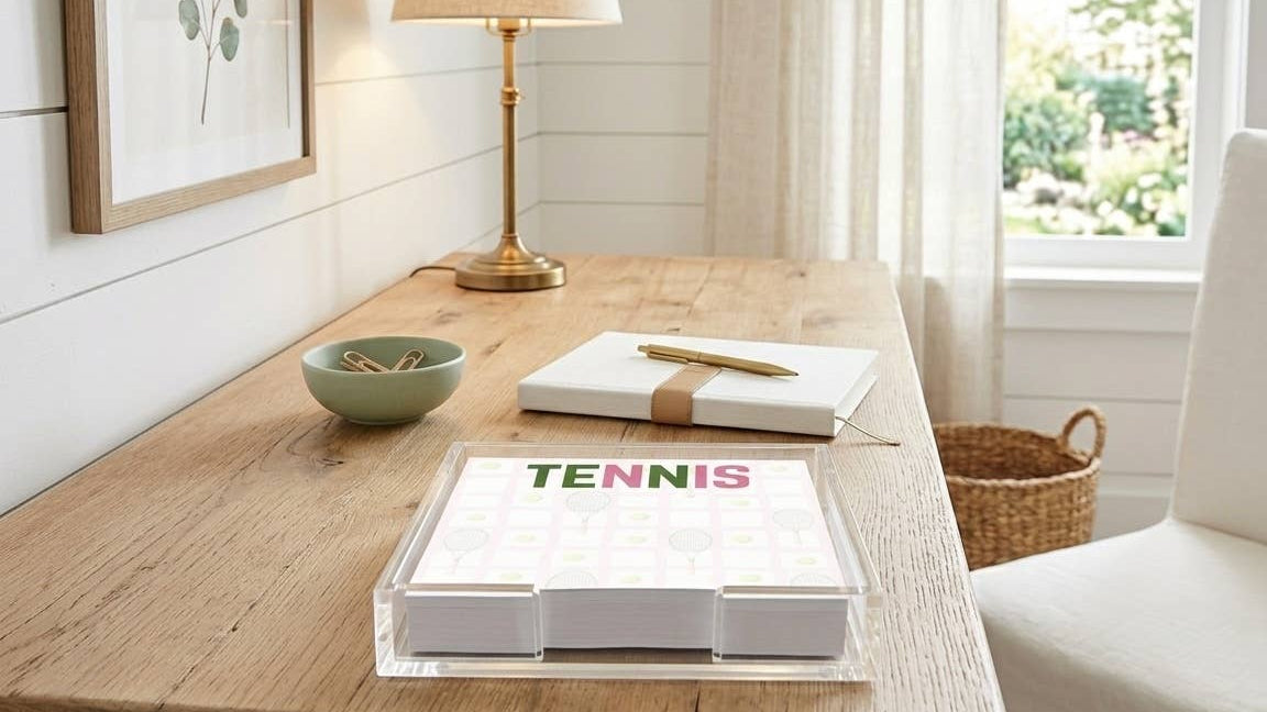 Wooden desk with stationery items including a lamp, bowl, and books in a bright room.