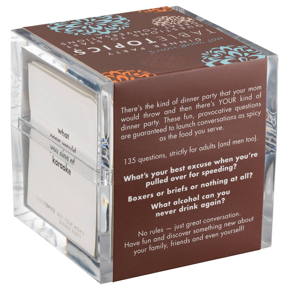 Stack of question cards in a clear plastic holder with brown packaging.