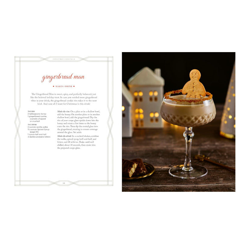 A recipe card for gingerbread man cookie art displayed next to a styled photo of a decorated gingerbread man cookie in a glass on a wooden table with warm holiday lights in the background.