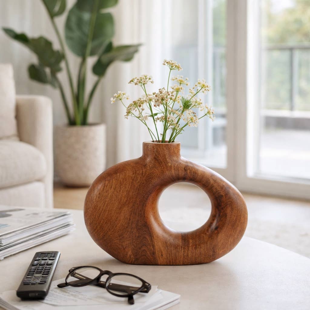 Mango Wood Round Cut-out Vase