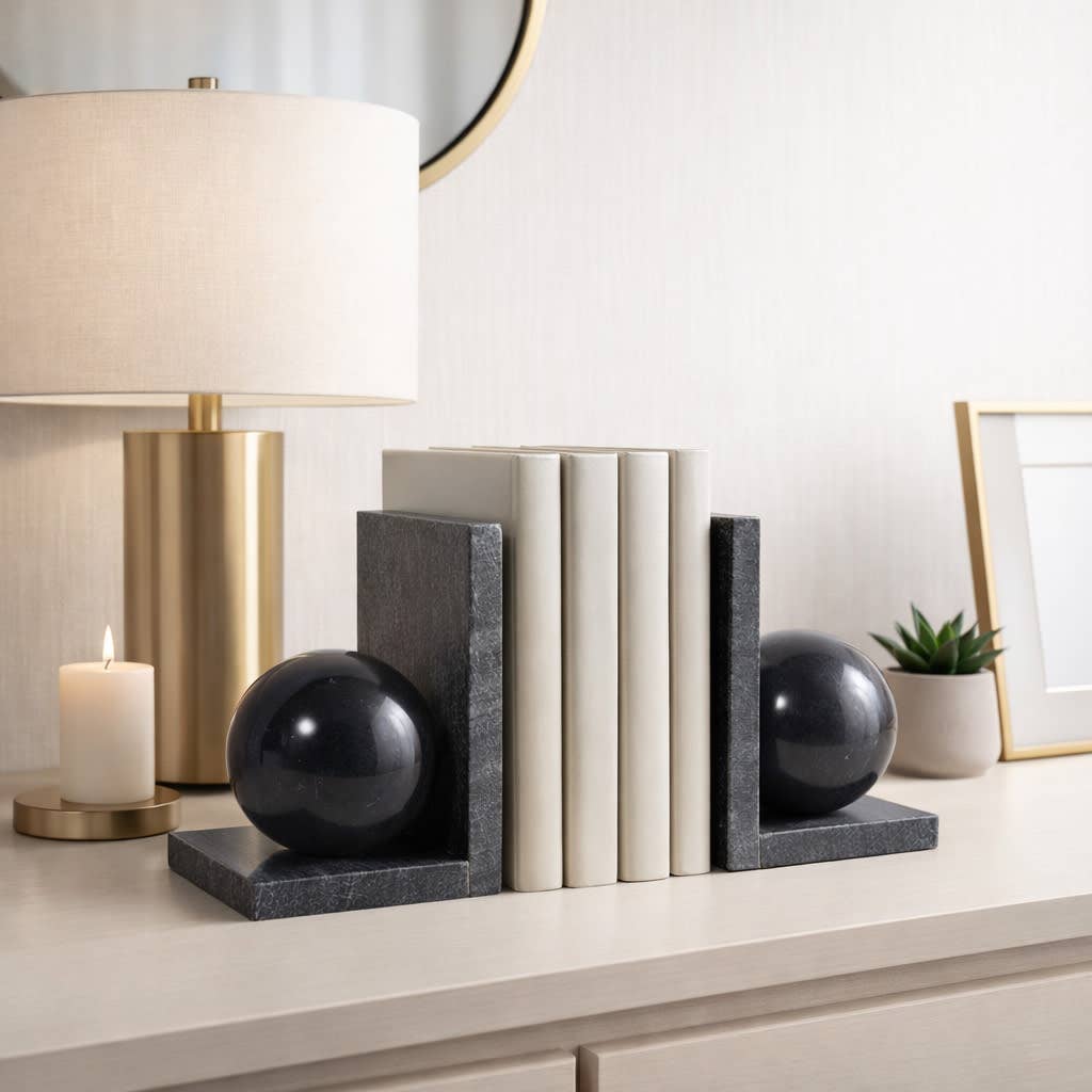 Black Marble Orb Bookends