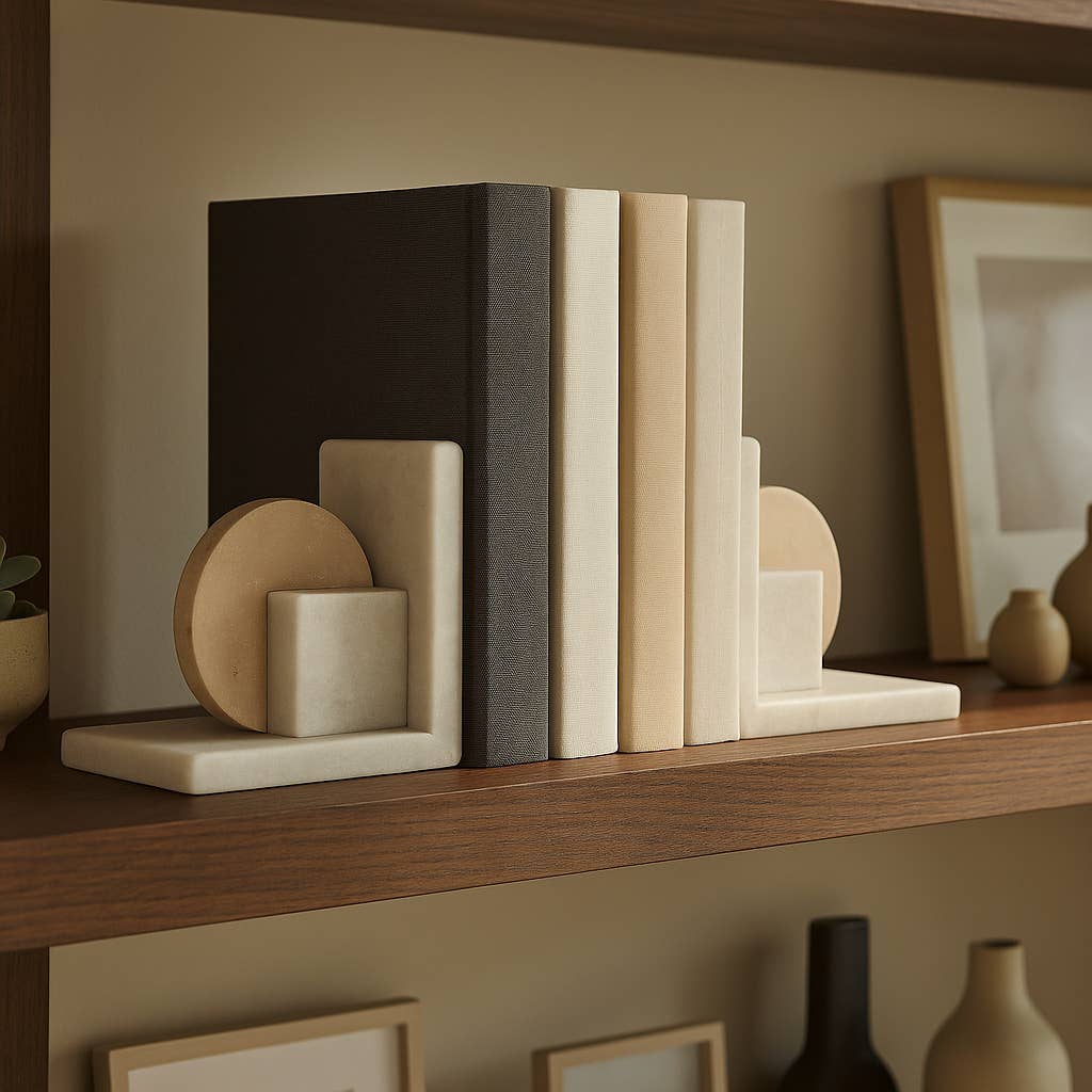 White/Tan Marble Geometric Bookends S/2