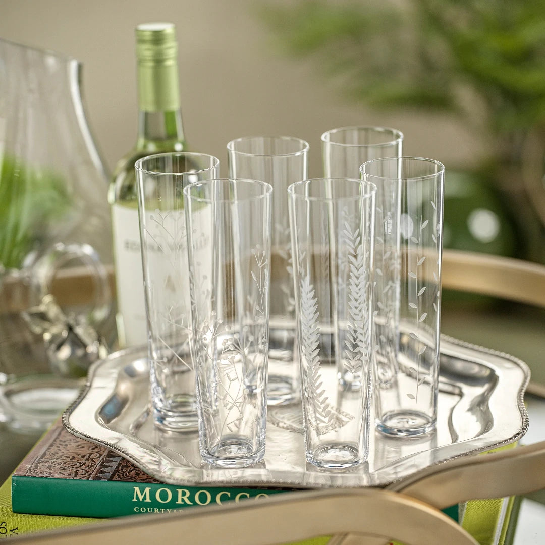 6 piece assorted etched flutes. 