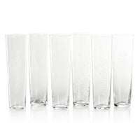 6 Piece assorted etched champagne flutes.