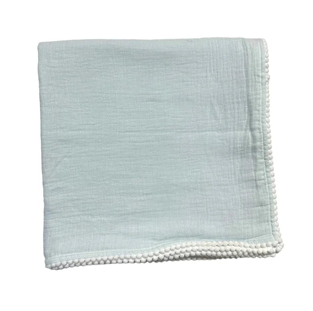 Monogramed Swaddle Baby Blanket Pompom Edge Blue White Baby Blankets