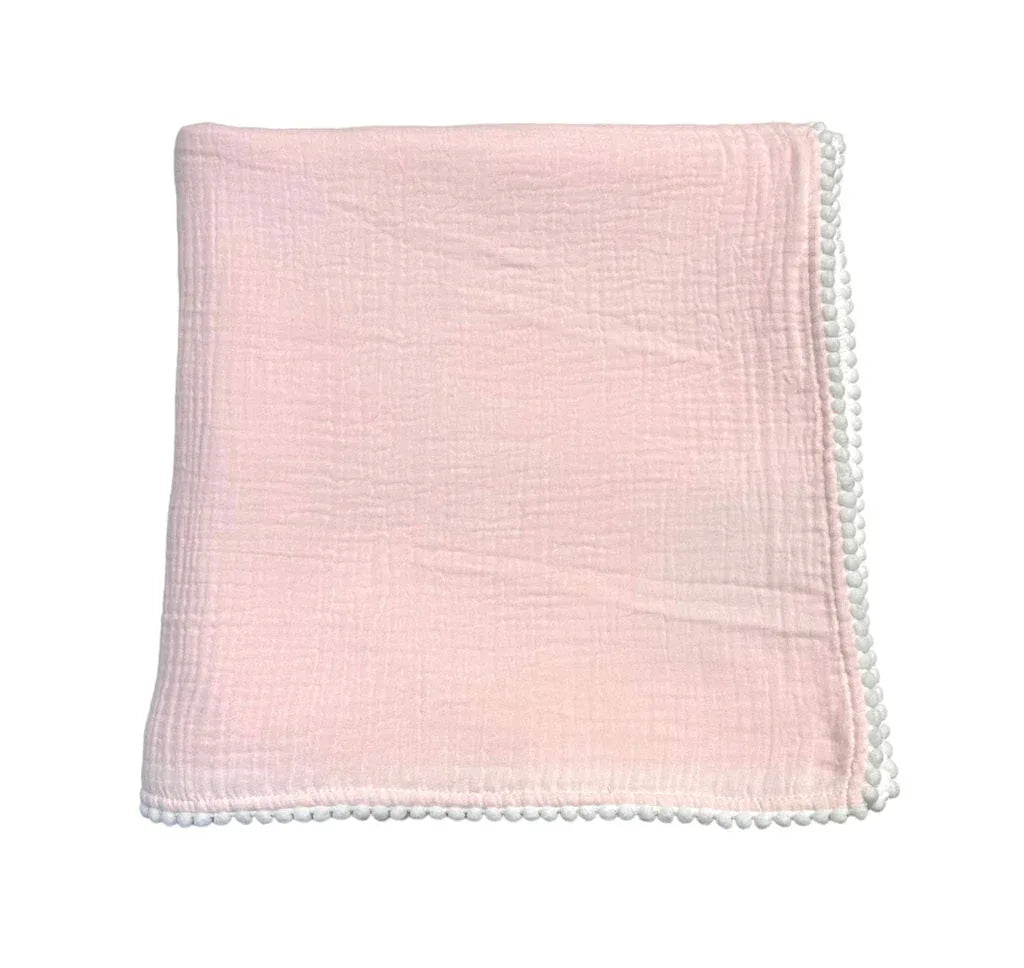 Monogramed Swaddle Baby Blanket Pompom Edge Pink White Baby Blankets