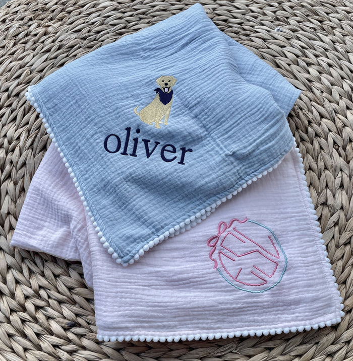 Monogramed Swaddle Baby Blanket Pompom Edge