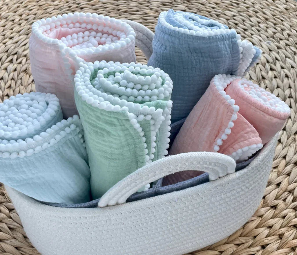 Monogramed Swaddle Baby Blanket Pompom Edge Baby Blankets