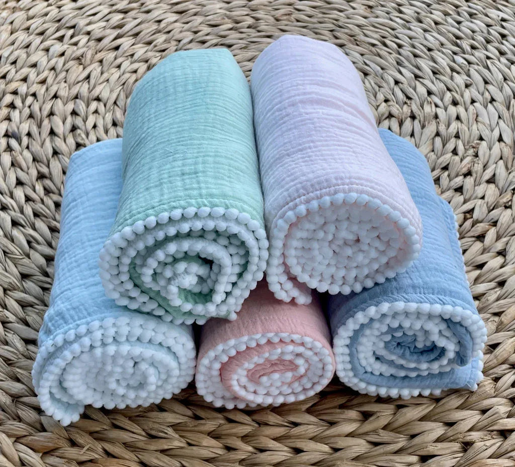 Monogramed Swaddle Baby Blanket Pompom Edge Baby Blankets