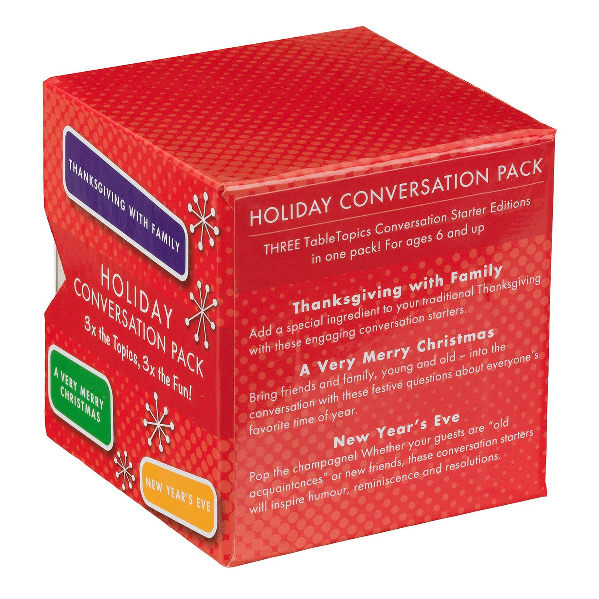 A red boxed product labeled 'Holiday Conversation Pack' with holiday-themed side panels including 'Thanksgiving with Family,' 'A Very Merry Christmas,' and 'New Year's Eve.'.