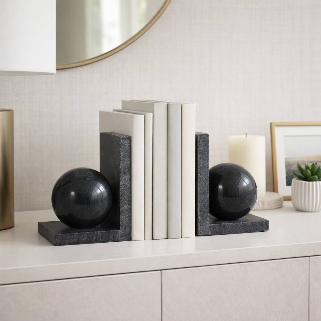 Black Marble Orb Bookends