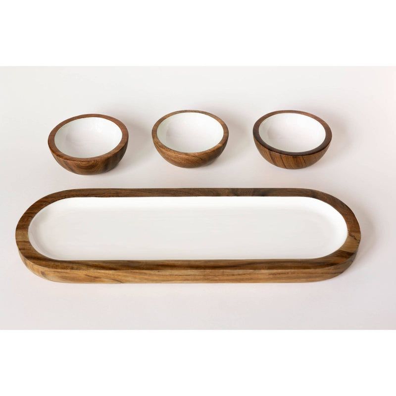 Acacia Wood 3 Dipping Bowls and Tray