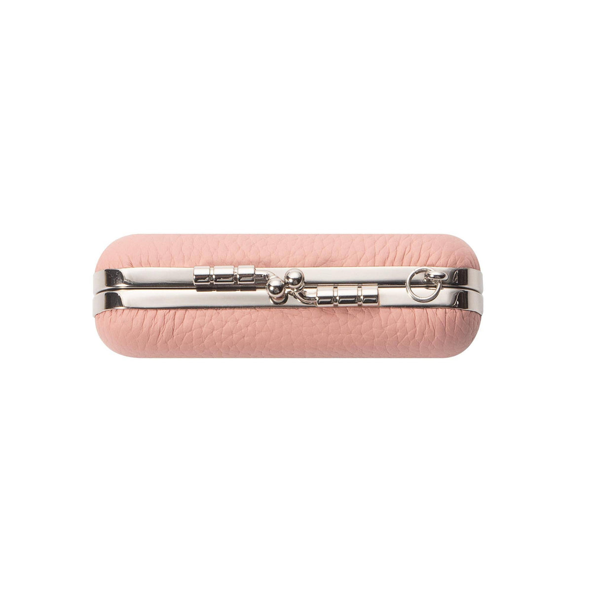 A light pink textured leather clutch case with a silver-tone metal clasp and ring detail, shown against a plain white background.