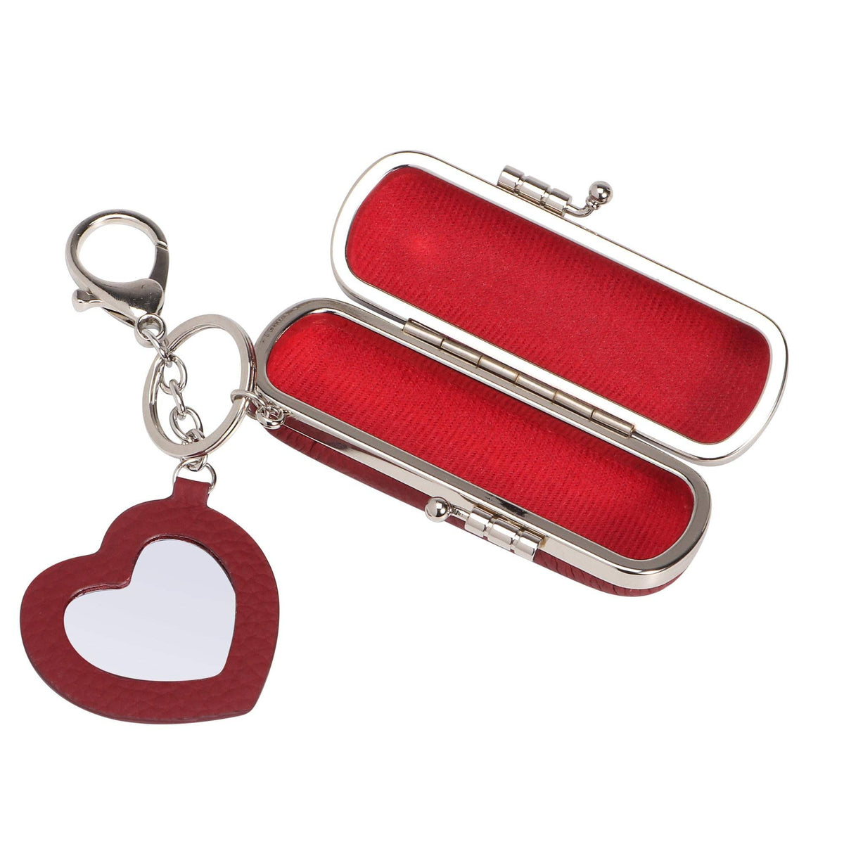 A red heart-shaped keychain mirror attached to a silver-tone clasp, shown next to an open matching red and silver kiss-lock case on a plain white background.