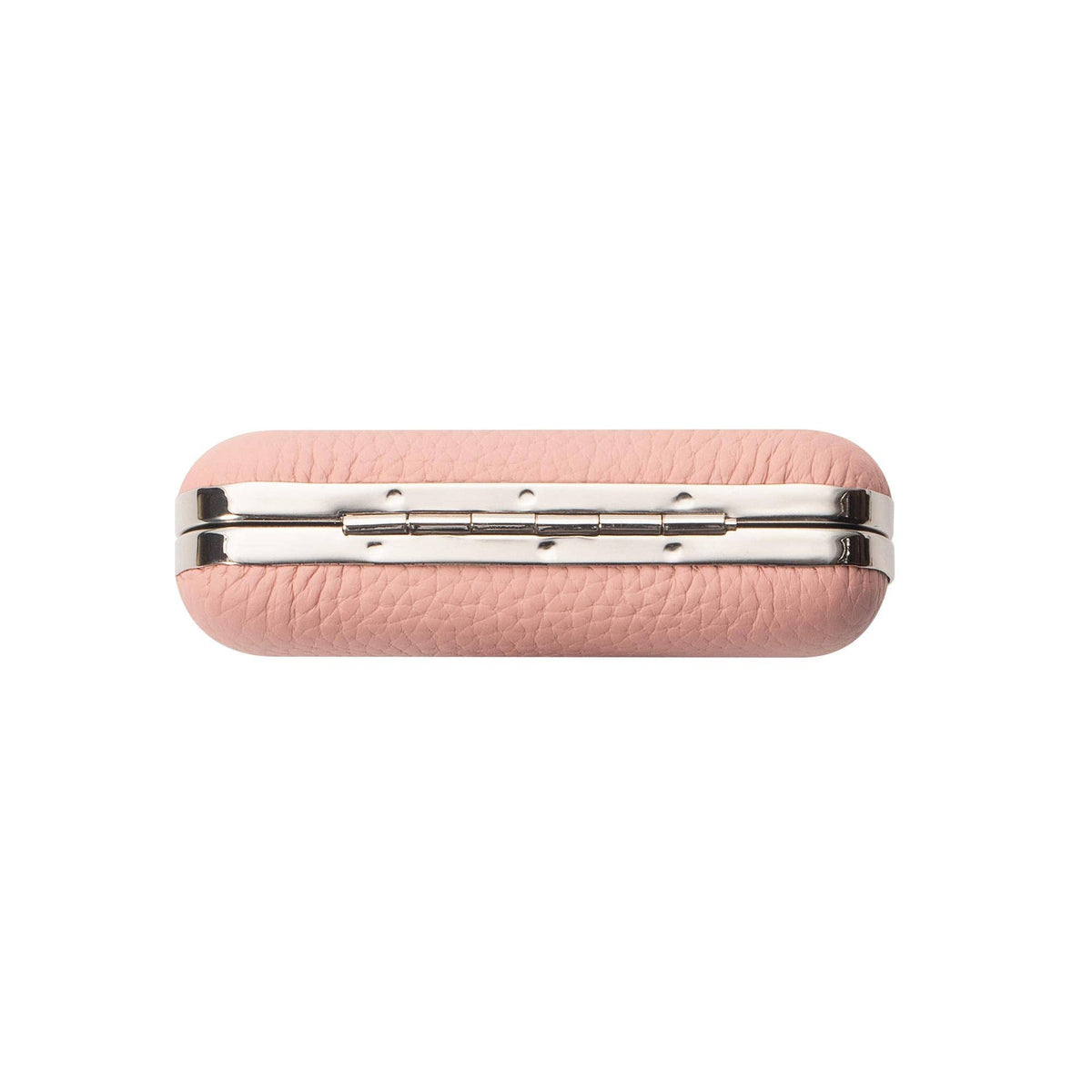 A small, horizontally oriented oval case with a textured light pink leather exterior and polished silver-tone metal hardware, shown against a plain white background.
