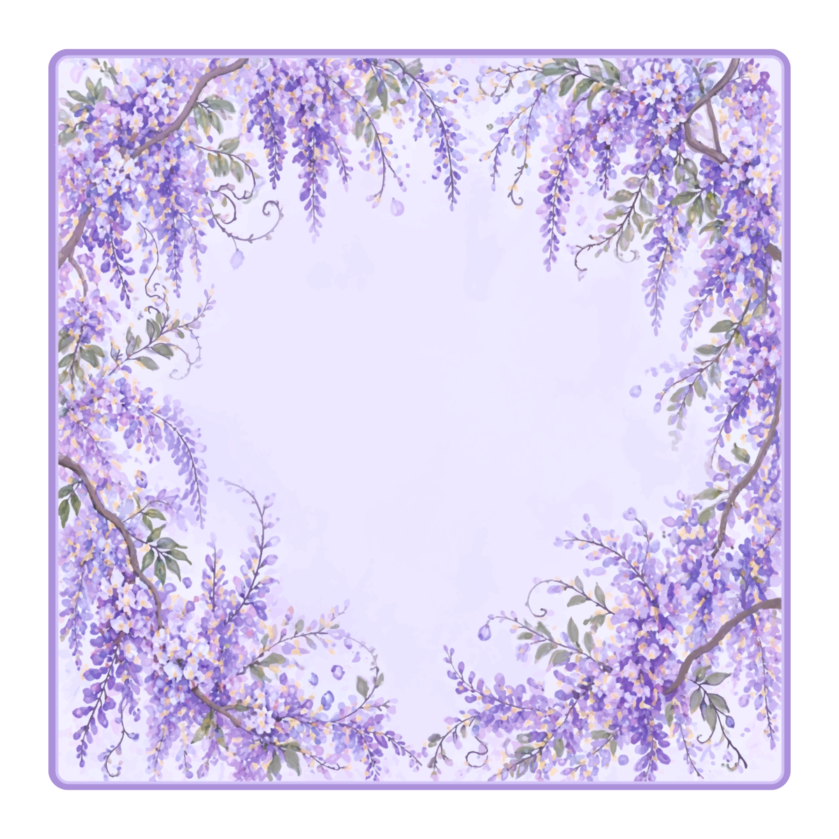A square decorative mahjong mat  featuring a watercolor-style border of purple wisteria flowers and green leaves around a pale lavender center, shown on a white background.