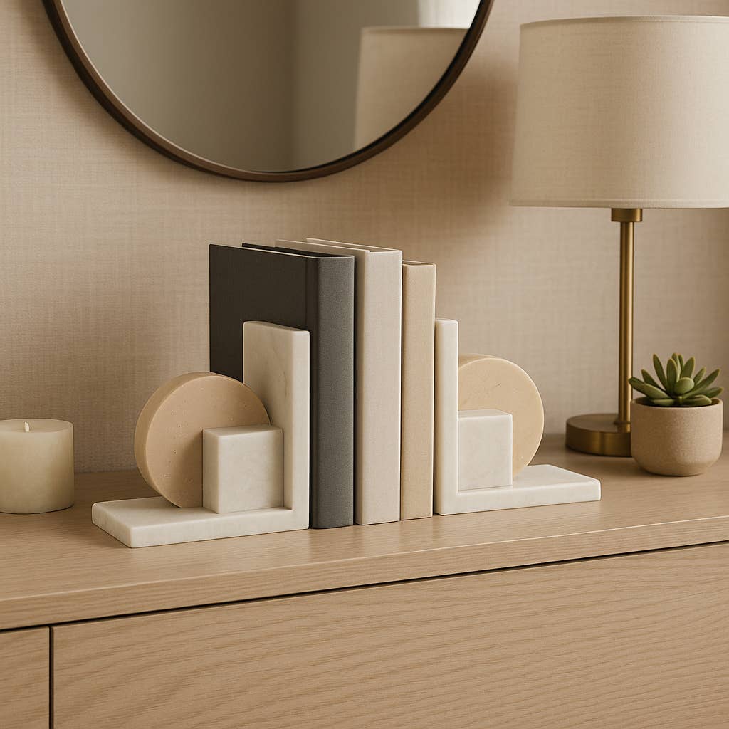 White/Tan Marble Geometric Bookends S/2