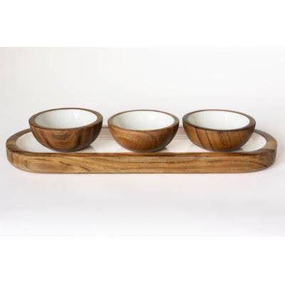 Acacia Wood 3 Dipping Bowls and Tray