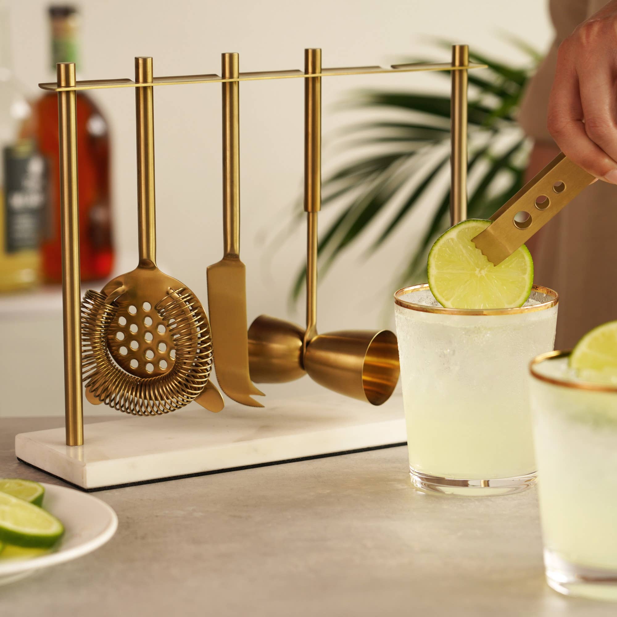 Gold Plated Stainless Steel Bar Tool Set with Marble Stand