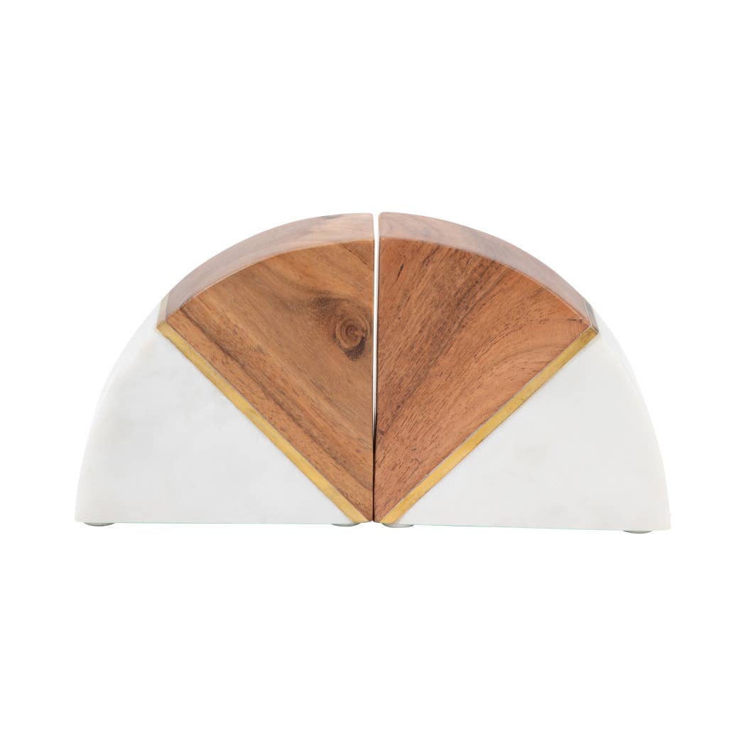 White Marble Wood and Brass Bookends S/2