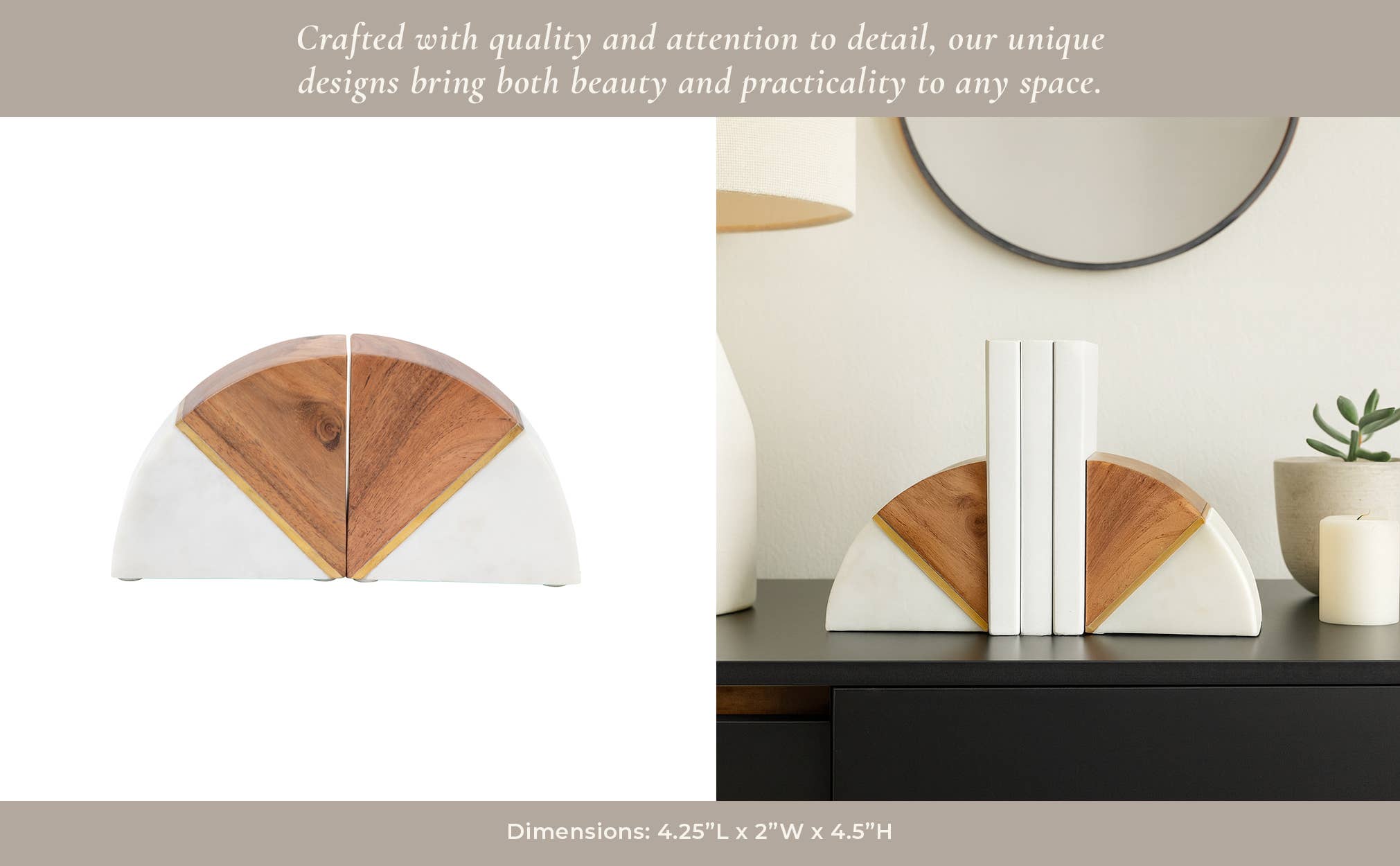White Marble Wood and Brass Bookends S/2