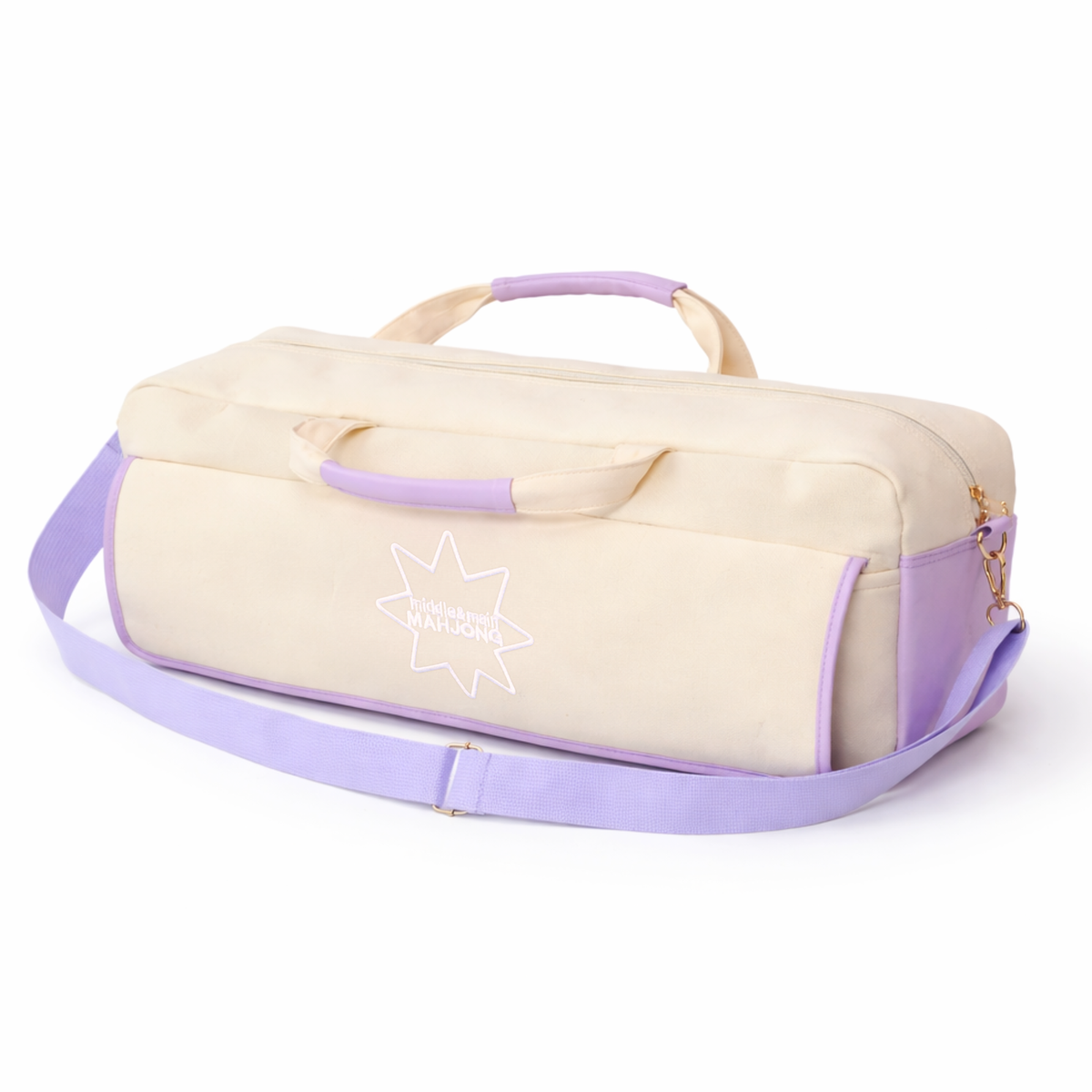 Beige and purple bag with a star design on a white background