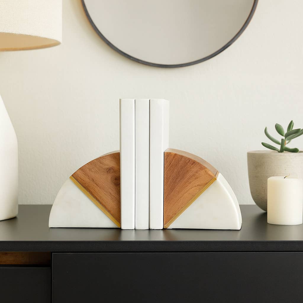White Marble Wood and Brass Bookends S/2