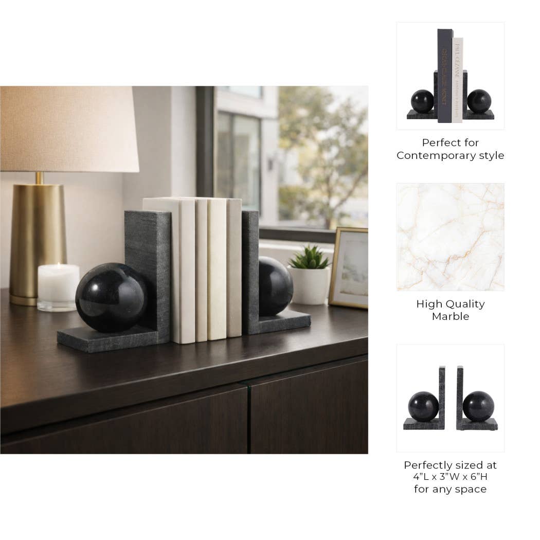 Black Marble Orb Bookends