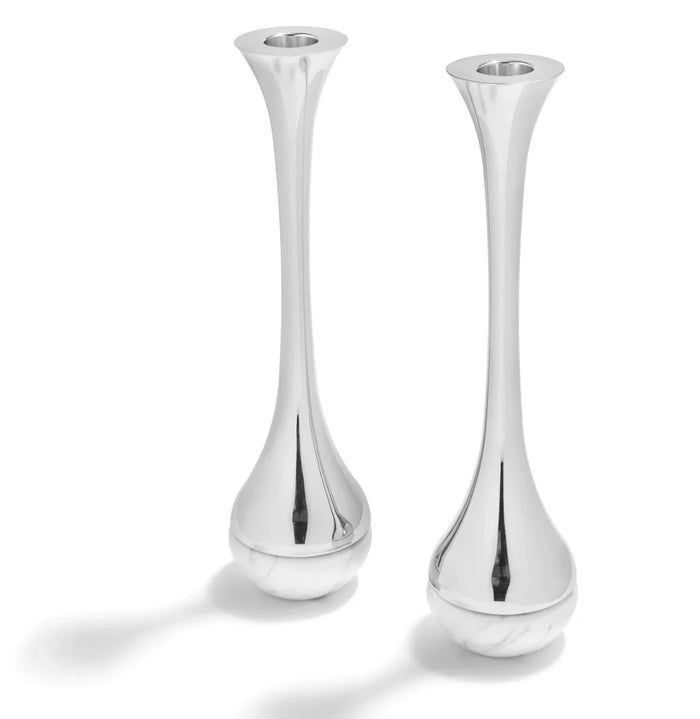 Coluna Dual Candleholders, Marble & Silver, Set of 2