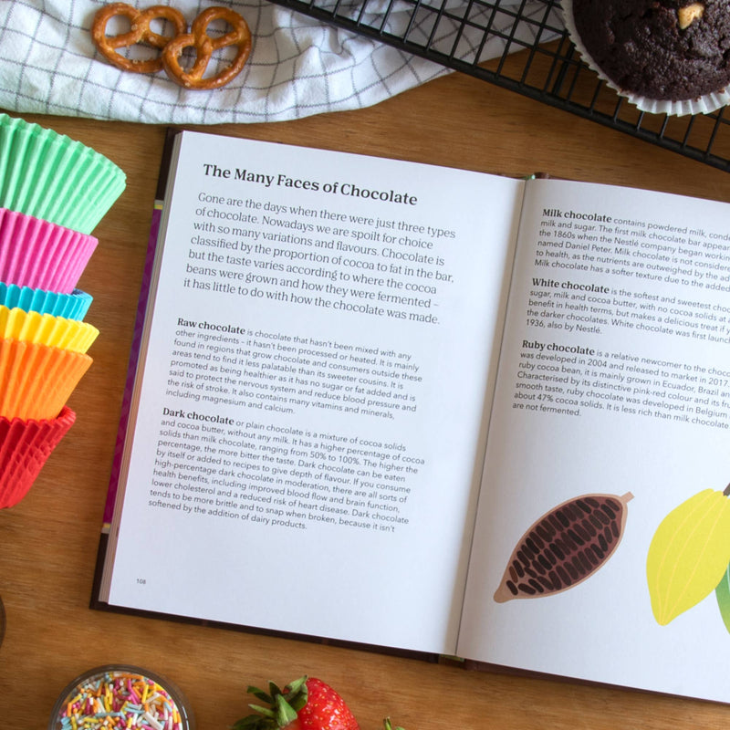 Open book on a wooden surface with colorful baking supplies and food items.