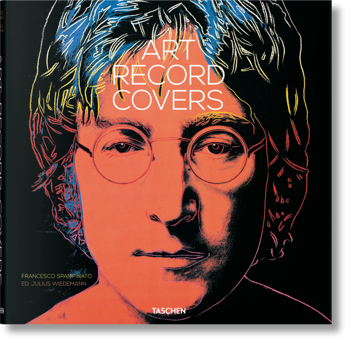 Book cover of 'Art Record Covers' with a stylized portrait of a famous figure, featuring the brand 'Taschen'.