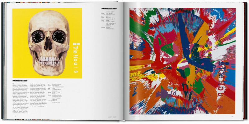 Open book showing a skull illustration on one page and a colorful abstract painting on the other. Vinyl Collector Gift.