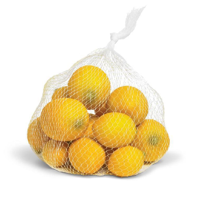 Bag of 16 miniature 2 inch yellow lemons with realistic citrus texture on a white background