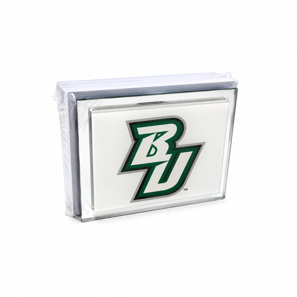 A clear acrylic block displaying the green and white 'BU' logo of Baylor University, shown inside its clear plastic protective packaging on a white background.