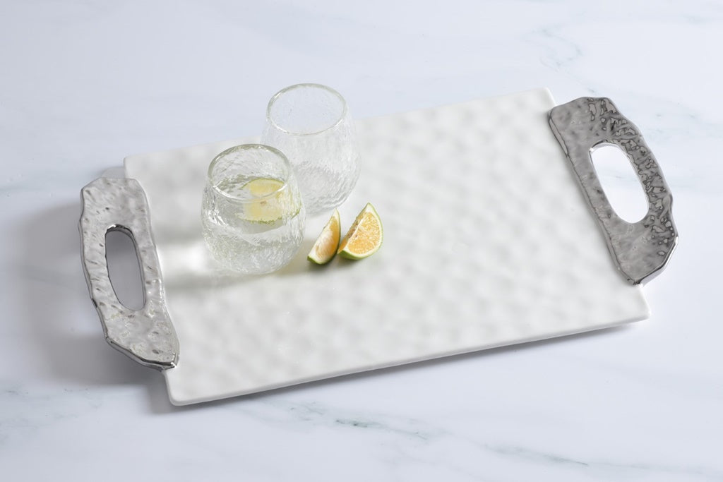 White Porcelain Tray with Silver Textured Handles