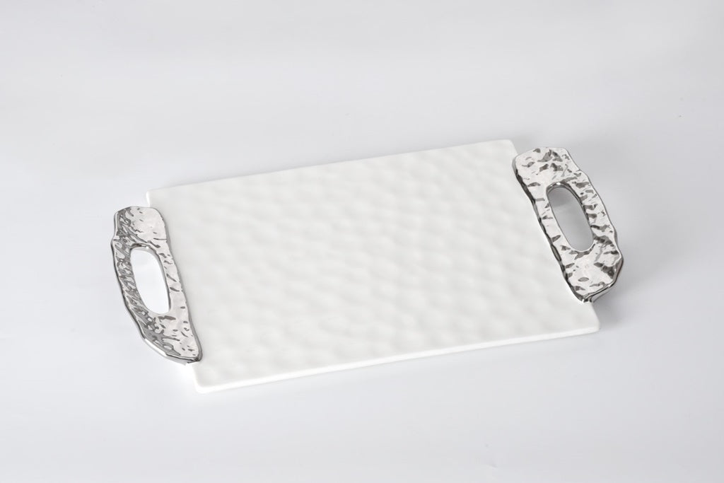 White Porcelain Tray with Silver Textured Handles