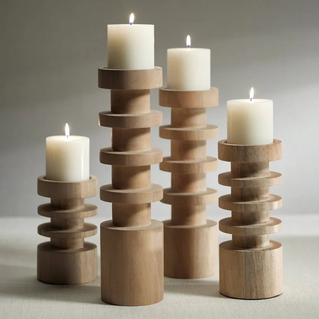 Carved Mango Wood Pillar Votives, Hurricanes & Candleholders