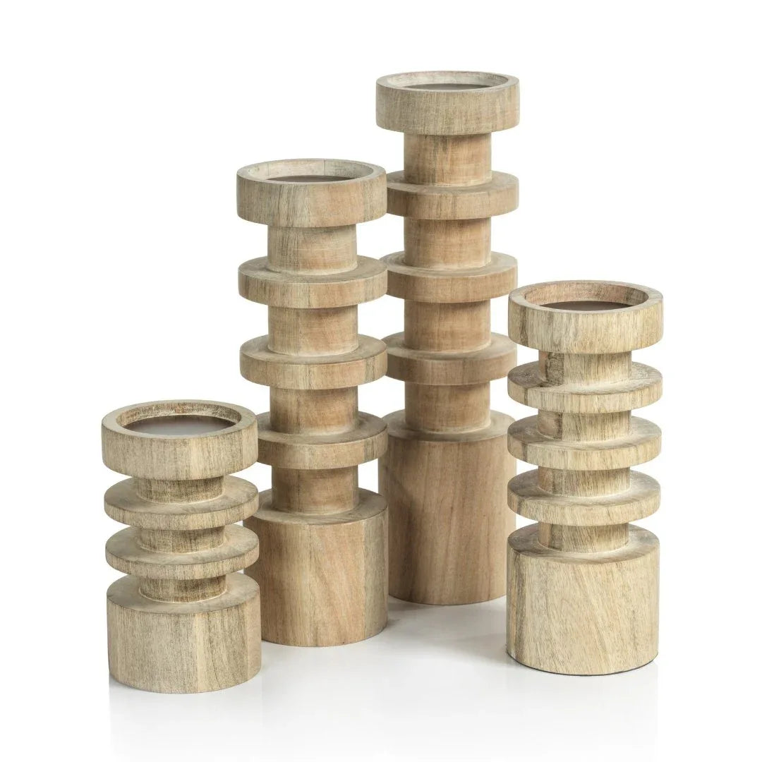 Carved Mango Wood Pillar Votives, Hurricanes & Candleholders