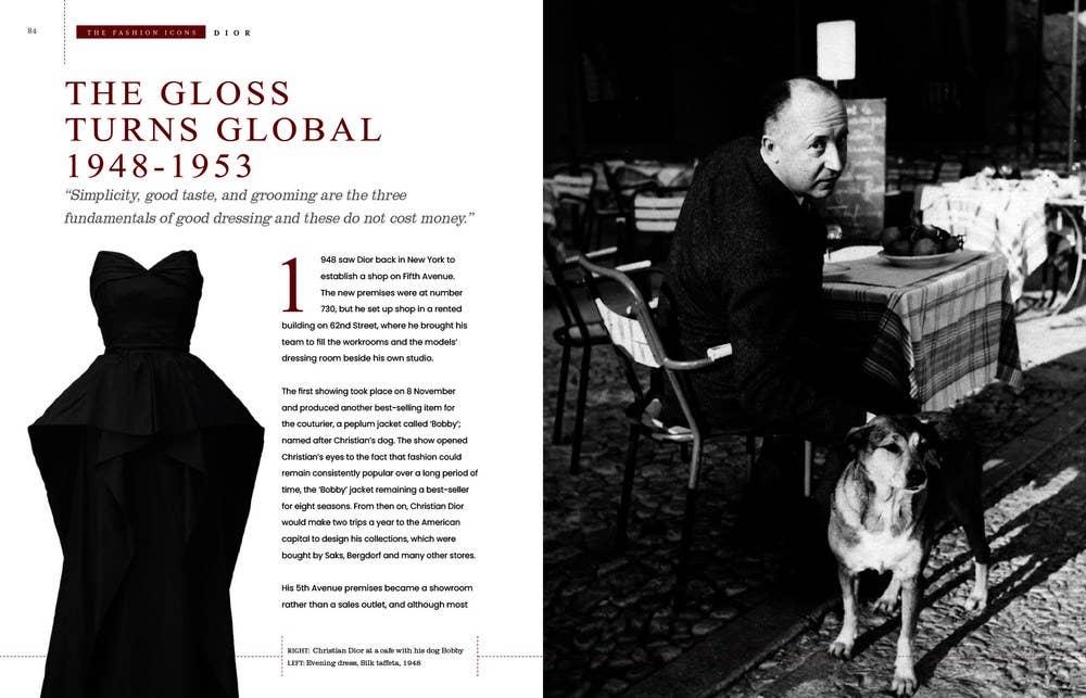 Black and white Christian Dior  layout with a man, dog, and dress on a table.