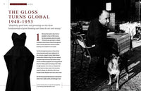 Black and white Christian Dior  layout with a man, dog, and dress on a table.