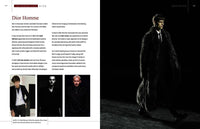 Dior Homme advertisement with a model in a dark coat and text on a white background.