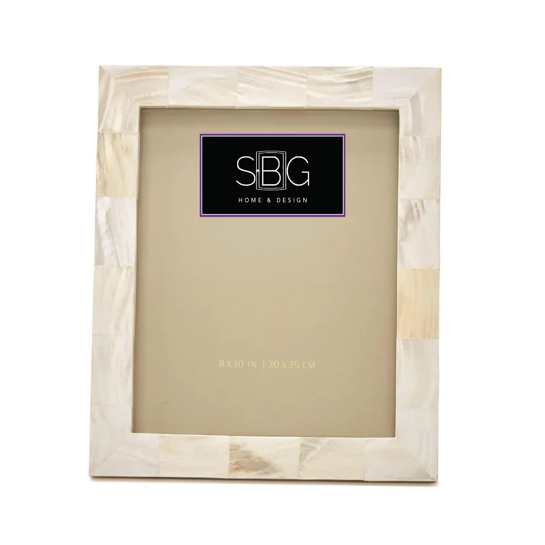 Beige photo frame with SBIG Home & Design logo on a white background great on console, shelf