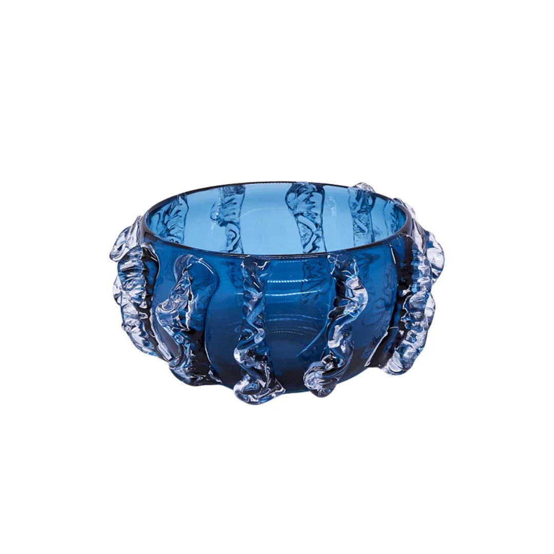 Blue Clear Molten Glass bowl with textured surface on a white background