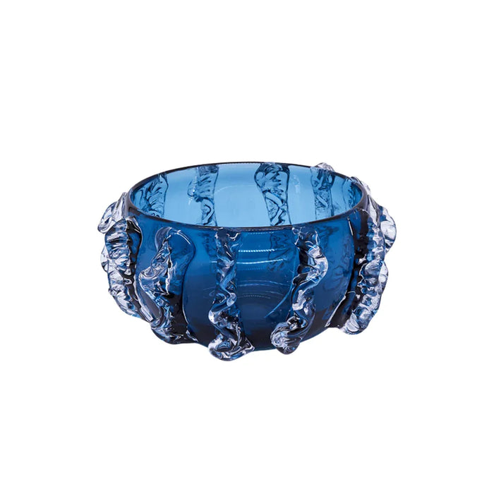 Blue Clear Molten Glass bowl with textured surface on a white background