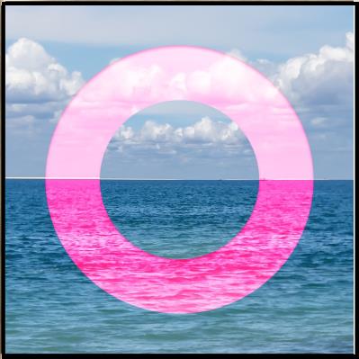 Pink circle overlay on a blue ocean and cloudy sky background