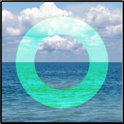 Blue ocean with a green circle overlay and white clouds in the sky.