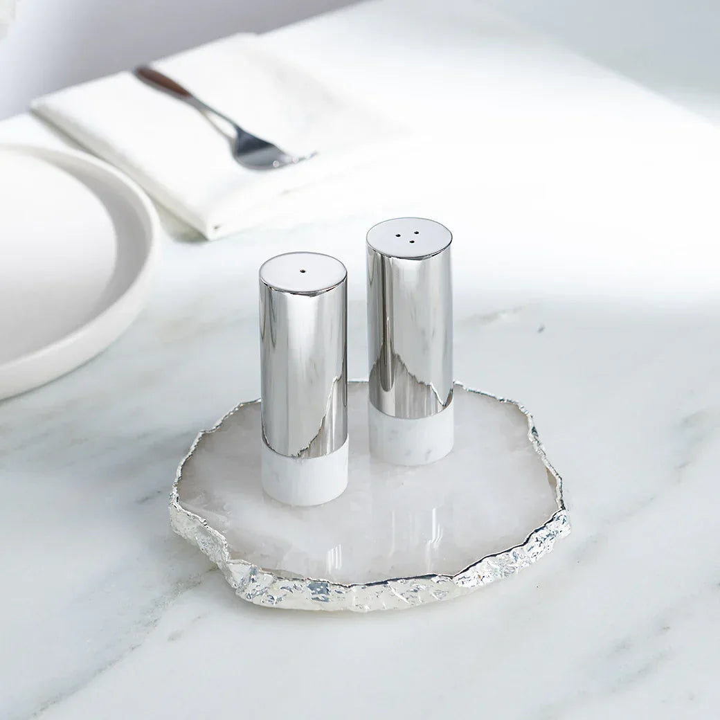 Coluna Dual Salt & Pepper, Marble & Silver, Set of 2 Salt & Pepper Shaker