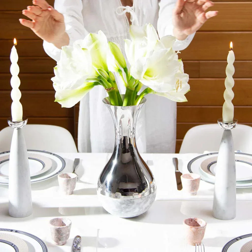 Coluna Dual Vase, Marble & Silver Vases